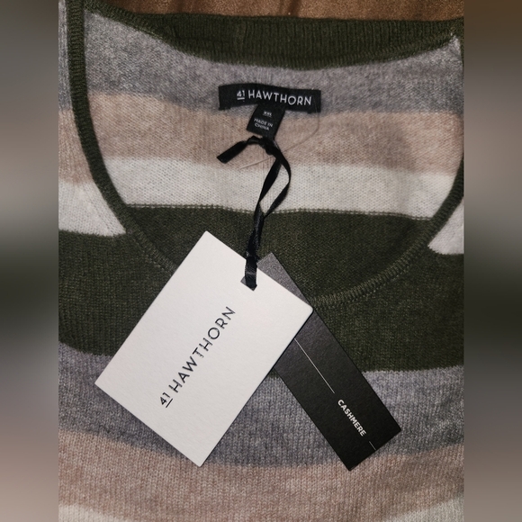 Nwt 41‎ Hawthorn Women Green Grey Tan Striped SOFT No Itch 100% Cashmere Sweater - Picture 7 of 8